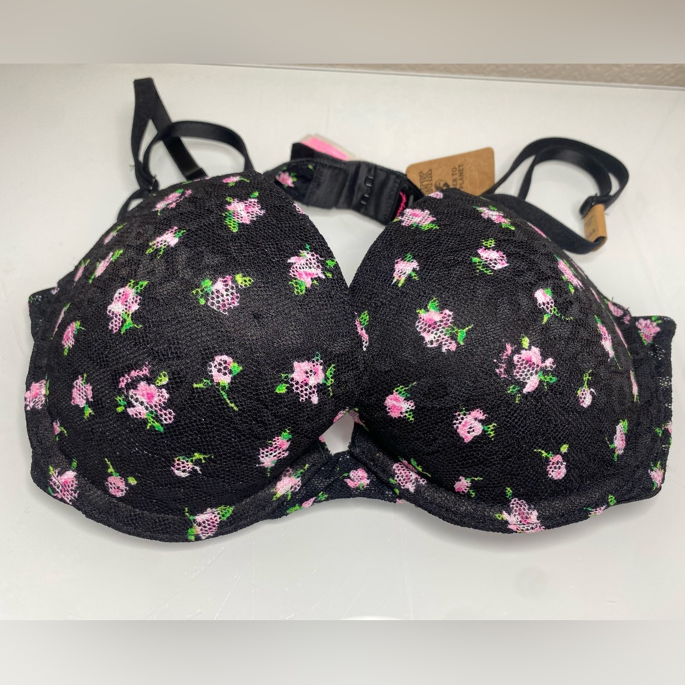 NWT PINK Victoria's Secret Push-Up Bra 34A Black Floral Lace